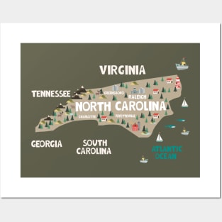 North Carolina Illustrated Map Posters and Art